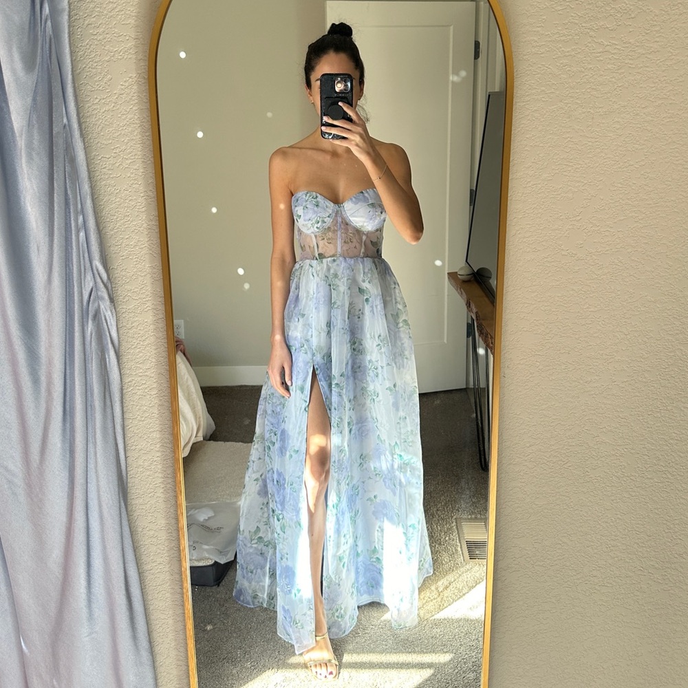 Periwinkle Floral Organza Bustier Maxi Dress